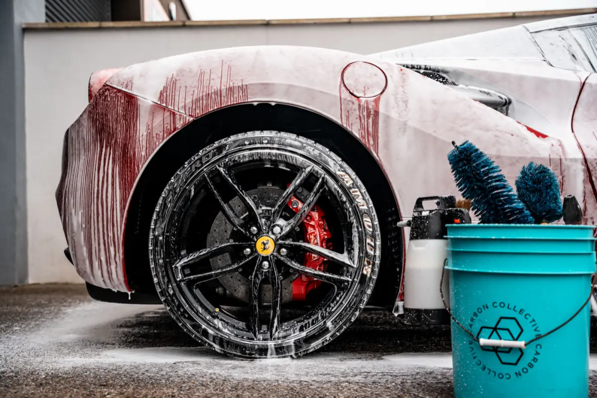 A Ferrari 488 mid snow foam wash at our unit